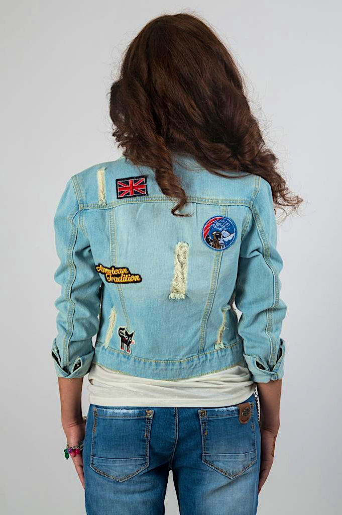 Shop Appliques Hole Light Washed Denim Jacket for AED 301 by Agatha ...