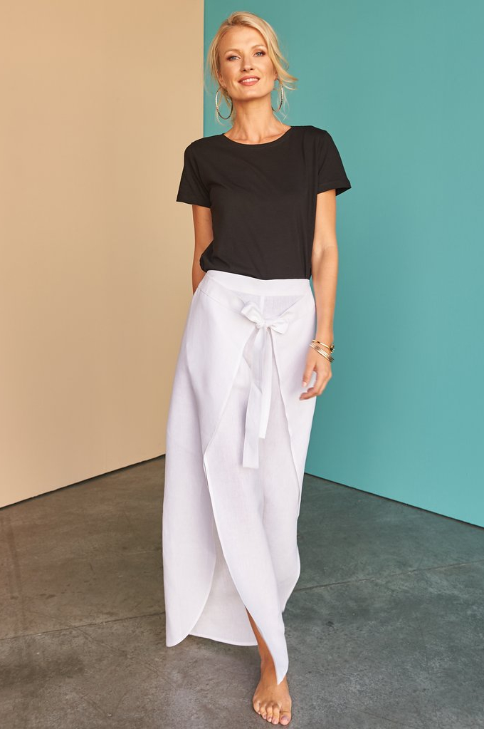 Shop Nycole White Linen Wide Wrap Pants for AED 716 by FACIL BLANCO
