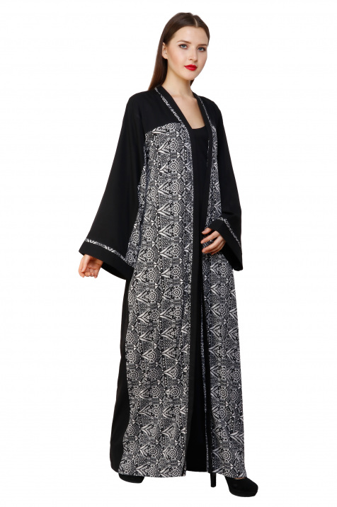 Shop Black and White Asymmetric Geometric Printed Design Abaya for AED ...