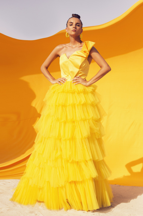 Shop Yellow layered tulle gown for AED 2 000 by L'MANE | Women Cocktail ...