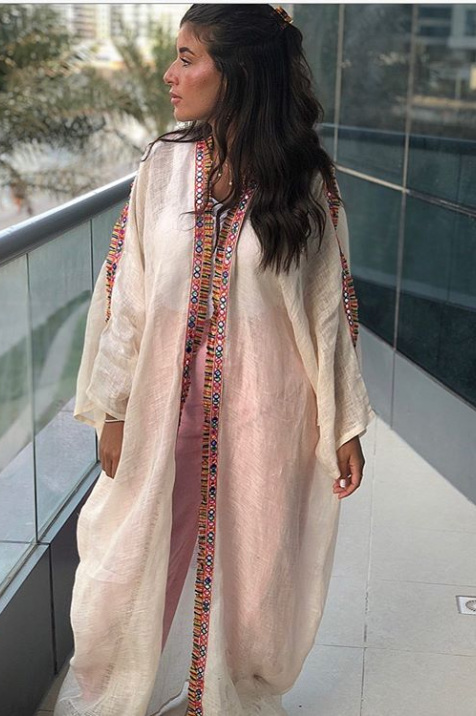 Shop Beige Linen Abaya  for AED 490 by Rania El Hakim 